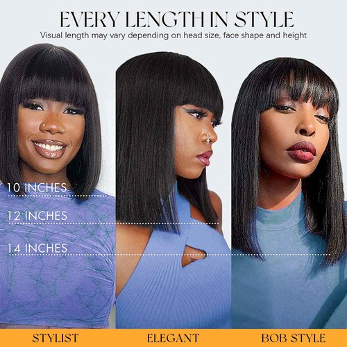 Ruiyu 250 Density Bob Wig with Bangs Human Hair 2x4 HD Lace Closure Front Silky Straight Wigs Human Hair Glueless Ready to Wear and Go for Beginners 100% Brazilian Human Hair for Black Women 12 Inch