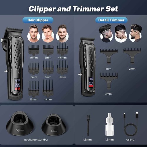 Brightup Barber Hair Clippers [Brushless 9000RPM & Cordless] for Men, Professional Clippers & Trimmers Set with USB-C Charging Stand, Hair Tools Cutting Kit with LCD Display, Gift for Men