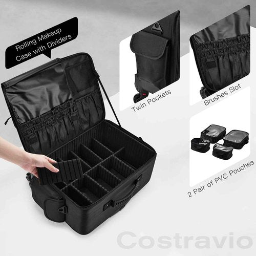 Rolling Makeup Case Cosmetology Case on Wheels Extra Large Cosmetic Artist Bag Portable TravelCase for Hairstylists Nail Tech Traveling Professional Make Up Train Suitcase Carts Trolley, Black