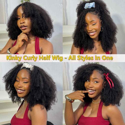 VFFTI Kinky Curly Half Wig Human Hair 200 Density 3 In 1 Drawstring Seamless Flip Half Wigs Wear Go Glueless Wigs Human Hair 18 Inch Curly Half Wig for Women Drawstring Headband Wig Beginner Friendly