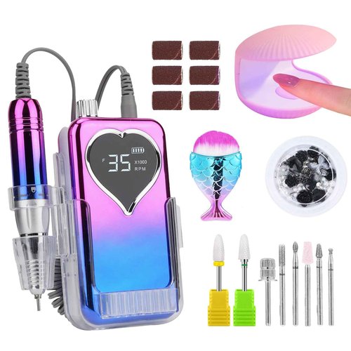 Professional Electric Nail Drill Machine for Acrylic Nails, 35000 RPM Electric Nail File Tool Set, Portable E-File Rechargeable Manicure Pedicure Polish Kit for Home Salon Tech (Heart Sunset Blue)