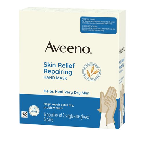 Aveeno Skin Relief Repairing Hand Mask, Moisturizing Gloves with Prebiotic Oat & Shea Butter for Very Dry Skin, Hand Care for Sensitive Skin, Fragrance-Free, Value Pack, 6 Pairs of Single-Use Gloves