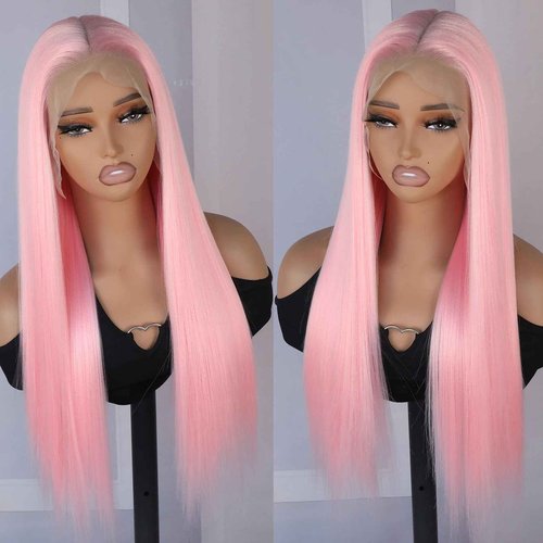 TaBeWay 13x6 Pink Synthetic Lace Front Wigs Long Straight Hair Pastel Pink Lace Front Wigs for Fashion Women Heat Resistant Soft Hair Natural Hairline