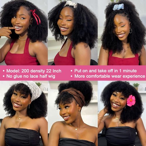 GYRJC Half Wig Human Hair Glueless Wigs Upgrade 3 In 1 Half Wig with Drawstring Seamless Clip Ins Flip Over Wig 200 Density Curly Human Hair Wig for Women Headband Wig 16 Inch