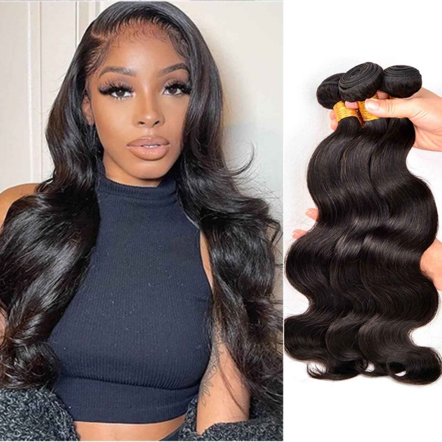 12A Human Hair Bundles 18 20 22 Inch Body Wave Bundles Human Hair, hair extensions real human hair Natural Black Wavy Human Hair Extensions 1B Bundles for Women(body 18 20 22)