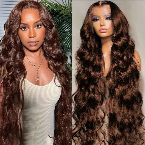 HC 22inch Chocolate Brown Lace Front Wig 13x6 HD Body Wave Human Hair Brown Human Hair Wig 200% Density Pre Plucked Glueless Brown Wig human hair for Women（22inch）