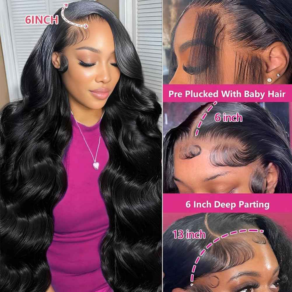 250% Density 13x6 Lace Front Wigs Human Hair Body Wave HD Transparent full frontal lace wigs human hair Natural Black Glueless Pre Plucked