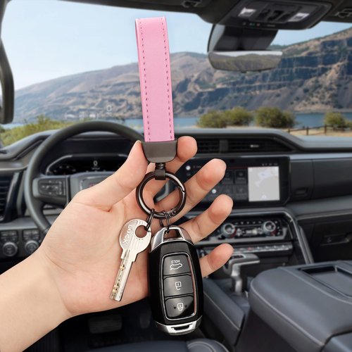 Turcee Leather Car Keychain,Creative Personality Leather Key Fob Replacement,Car Accessories Universal Key Fob Keychain for Men and Women (Pink)