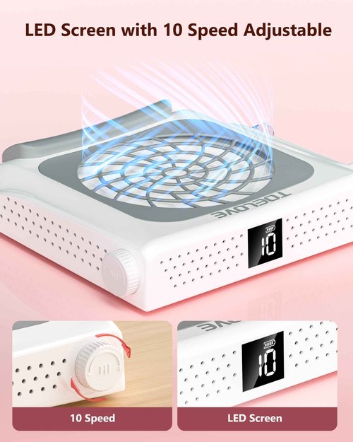 TOELOVE Upgraded Nail Dust Collector with Hand Rest, 10 Speeds, Reusable Filter, Quiet & Rechargeable, Professional Nail Fan Dust Tech Machine for Acrylic Gel Nails Polishing, Salon & Home, White