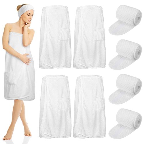 Kinlop 4 Sets Towel Wrap Bath Wrap Towel for Women with Pocket with Facial Spa Headband Set Waffle Spa Robe with Adjustable Closure Elastic Top