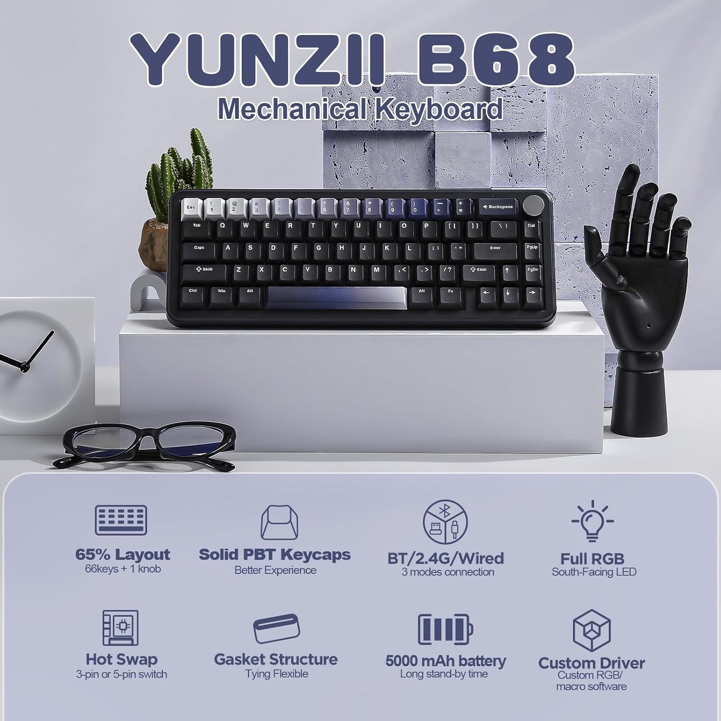 YUNZII B68 Wireless Mechanical Keyboard,Tri-Mode BT5.0/2.4GHz/USB-C,Cute PBT Keycaps,Hot Swappable Creamy Typing Gasket Mounted,RGB Backlit NKRO for Win/Mac (Black, Milk V2 Switch)