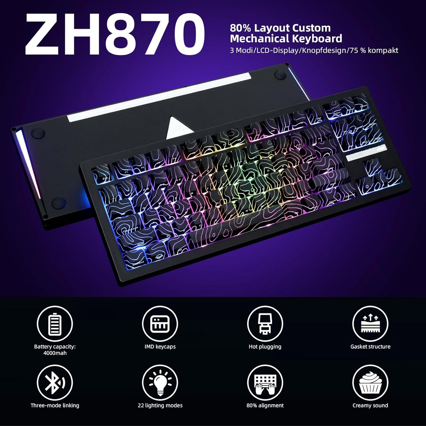 ZORNHER ZH870 Wireless Mechanical Gaming Keyboard,80% White Custom Creamy Sound Keyboard with Lighted Up IMD PBT Keycaps,Pre-lubed Linear Switches,Hot-Swappable,RGB Backlit,2.4GHz/USB-C/BT5.0