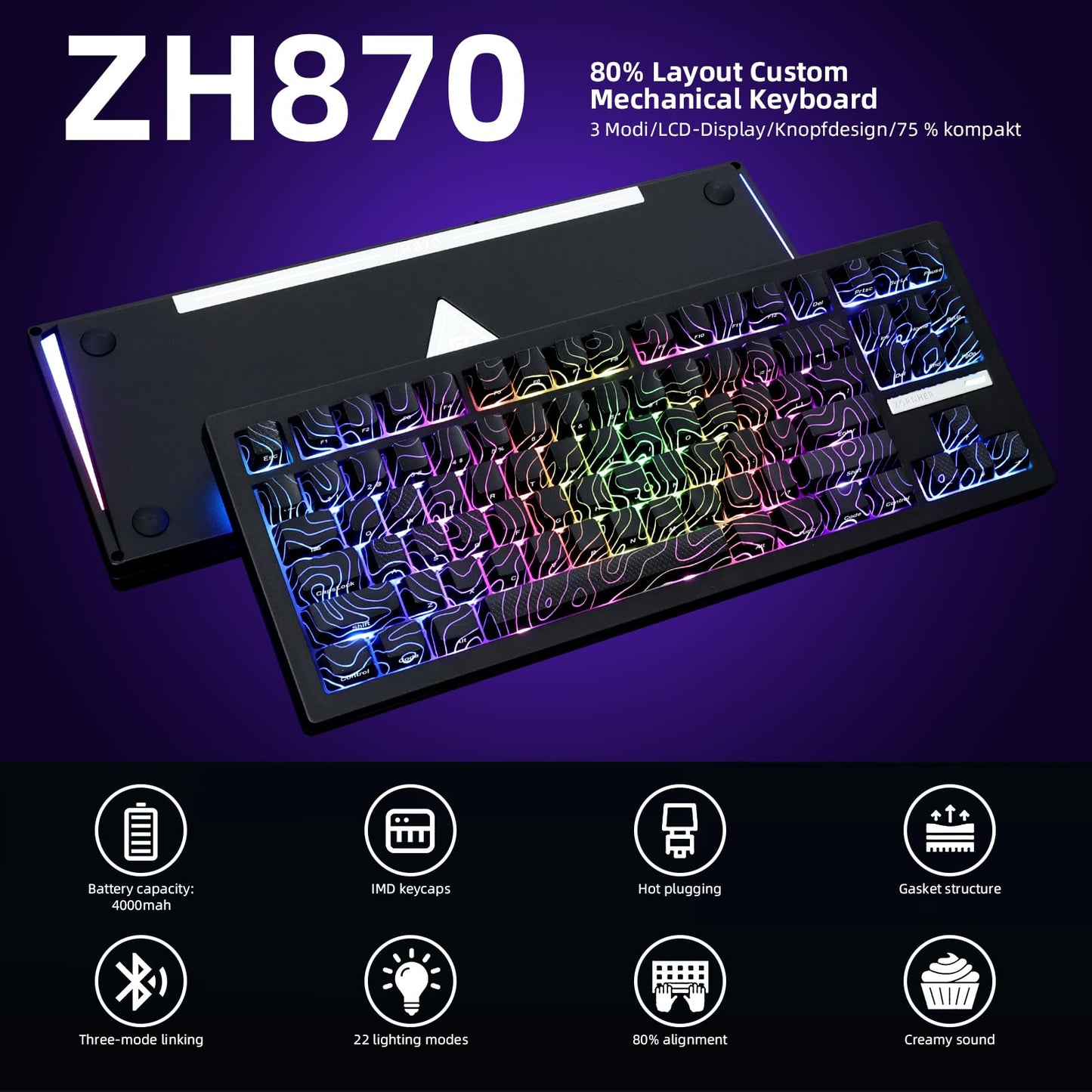 ZORNHER ZH870 Wireless Mechanical Gaming Keyboard,80% Black Custom Creamy Sound Keyboard with Lighted Up IMD PBT Keycaps,Pre-lubed Linear Switches,Hot-Swappable,RGB Backlit,2.4GHz/USB-C/BT5.0