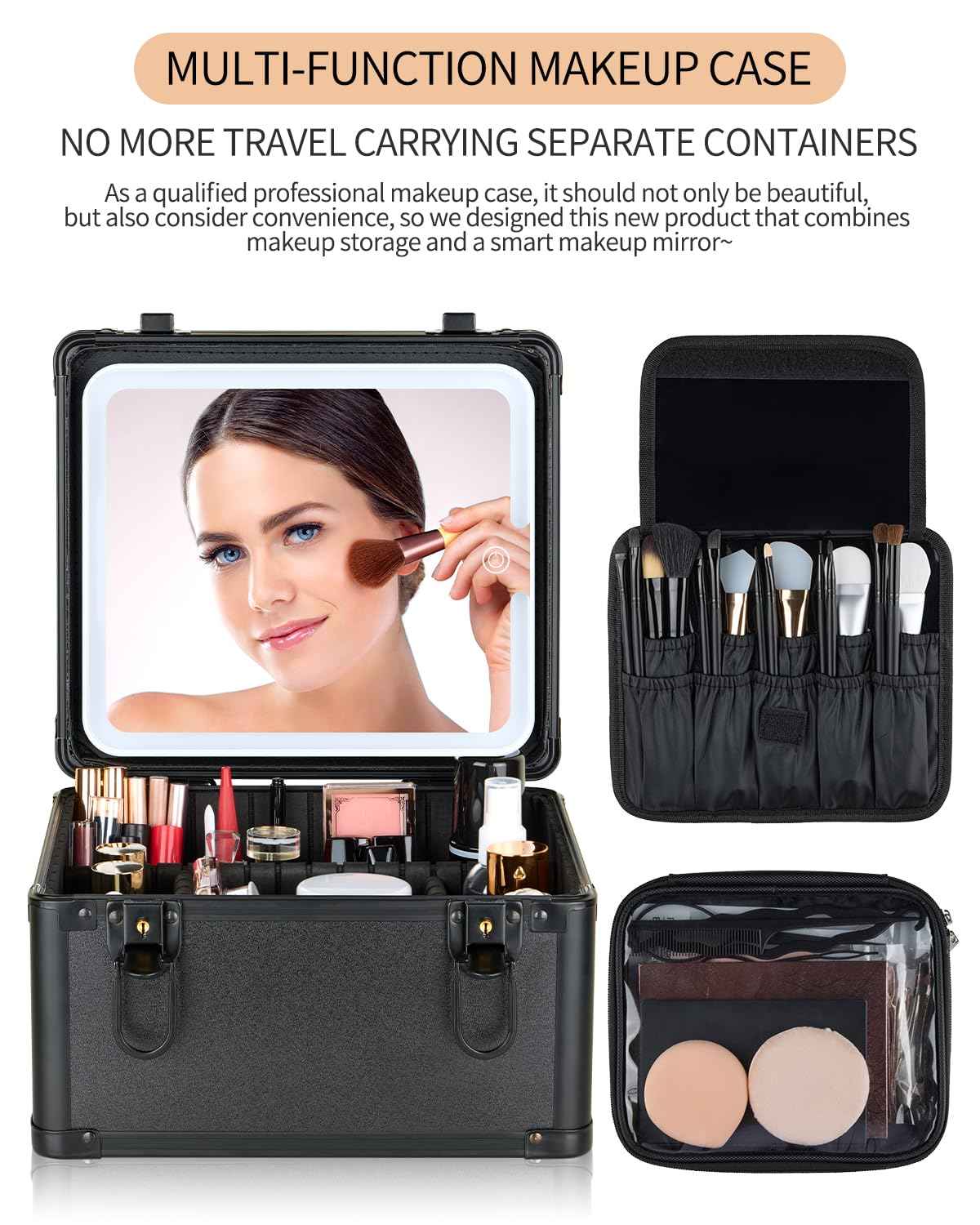 Makeup Case with Lighted Mirror, Travel Makeup Bag Organizer with 3CCT LED Mirror, Cosmetic Bag for Women with Adjustable Divider, Makeup Storage Box with Lock, Waterproof Travel Train Case