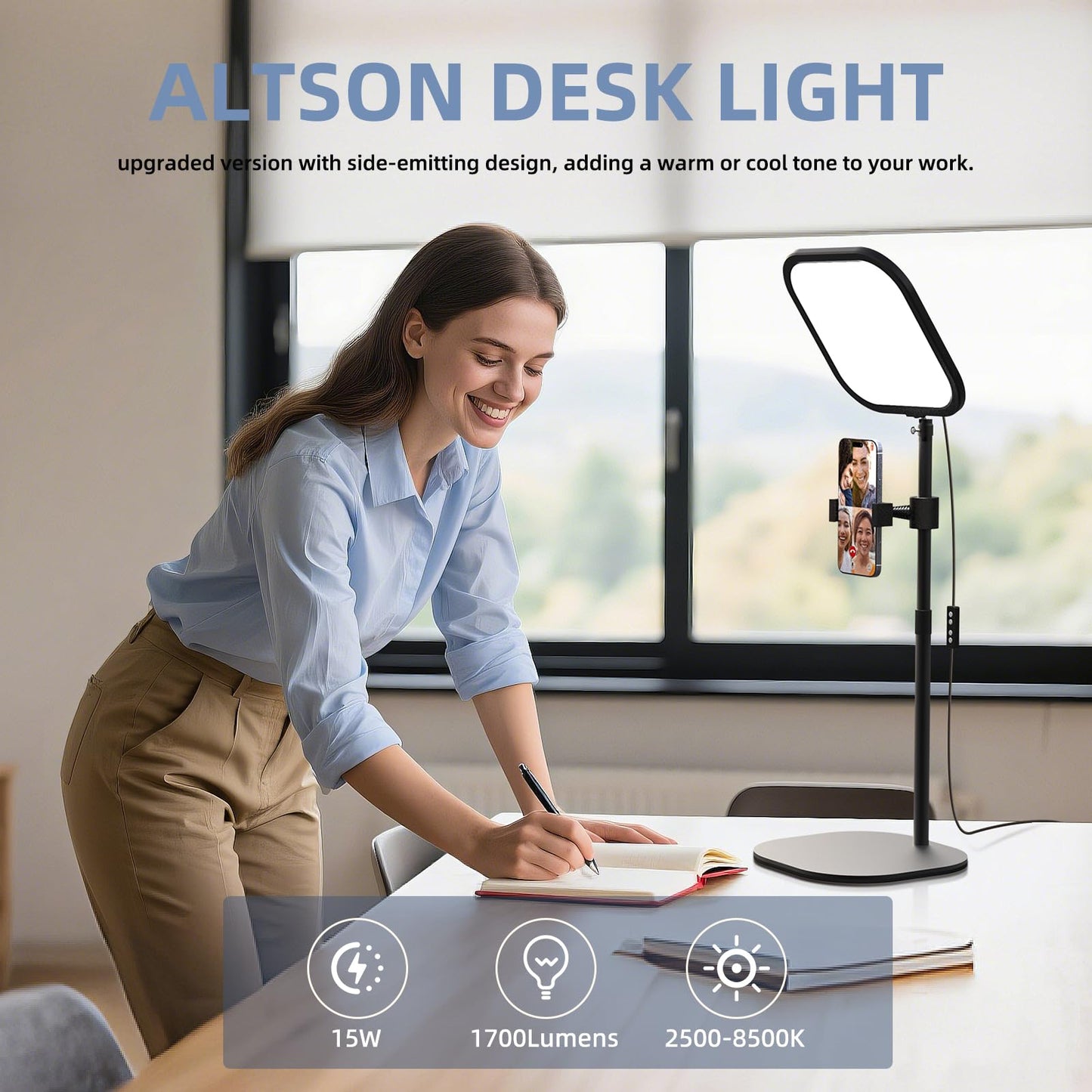 ALTSON 10in Zoom Lighting for Computer, Full-Screen LED Video Conference Light, Desk Ring Light with Stand and Phone Holder for Video Call, Webcam, Home Office, Podcast, Online Meeting, Live Streaming