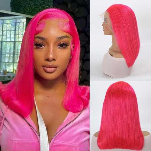 SEXAY Pink Bob Wigs 13x4 HD Lace 100% Human Hair Front Wig Brazilian Unprocessed Virgin Human Hair Wigs Pre Plucked Natural Hairline Transparent Lace Pink Front Bob for Women (14")