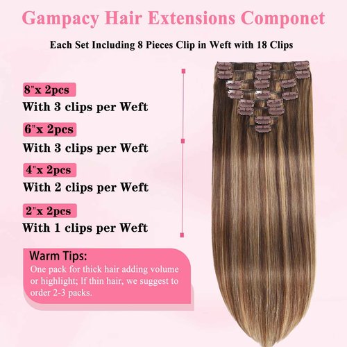 Clip in Hair Extensions Real Human Hair, Seamless Clip ins Real Human Hair for Women, Balayage Remy Human Hair Clip in Extensions, Double Weft 8pcs 22 inch Chocolate Brown to Caramel Blonde