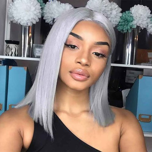 Silver Grey Bob Wigs Human Hair for Black Women 13x4 HD Lace Frontal Bob Wigs Human Hair Pre Plucked WIth Baby Hair Wear and Go Glueless Short Straight Blunt Cut Bob Wigs 180% Density 12 Inch