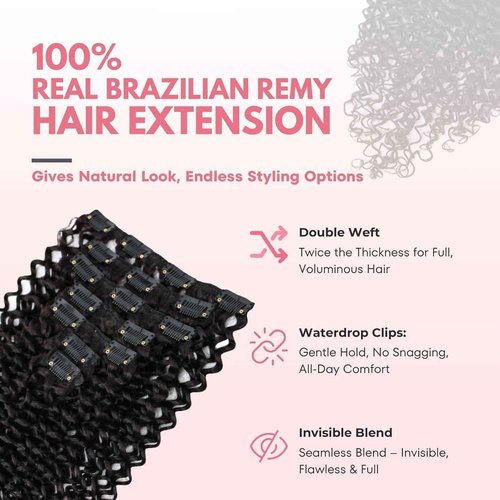 SIYUSI Kinky Curly Clip In Extensions, 3C 4A 100% Brazilian Remy Human Hair Clip Ins, Invisible & Scalp-Friendly, Natural Black Color, 3.52oz, 7Pcs (20 Inch)