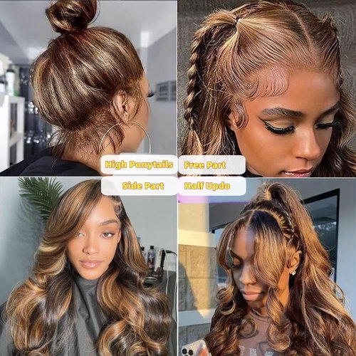 Brofiri Honey Blonde Wigs 360 HD Lace Front Wigs Human Hair 4/27 Colored Ombre Highlight Body Wave Lace Front Wigs Human Hair Pre Plucked Full Lace Frontal Wigs Glueless Wigs 180% Density 20 Inch