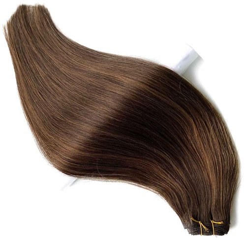 Sew in Hair Extensions Real Human Hair, Weft Hair Extensions Human Hair Bundles 16 Inch 100G Dark Brown Balayage Light Brown Hair Bundle Human Hair Hand Tied Weft Hair Extension for Women