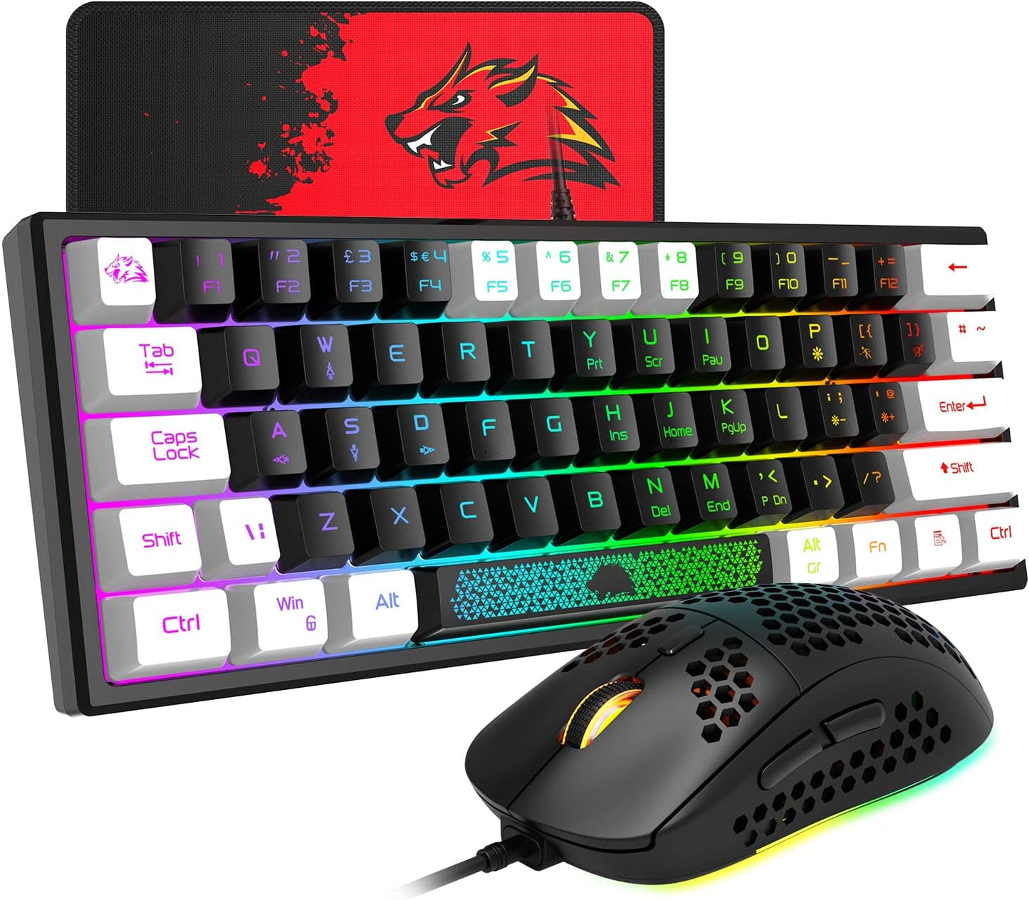 60% Gaming Keyboard and Mouse Combo Small Mini RGB Backlight Mechanical Feeling and Mechanical RGB 6400 DPI Honeycomb Optical Mouse,Gaming Mouse pad for Gamers and Typists Black