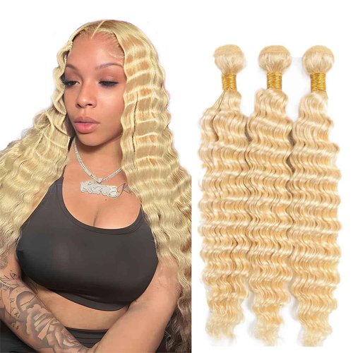 #613 Blonde Bundles Deep Wave Bundles Human Hair 34 34 34 Inch Unprocessed Brazilian Virgin Weave Hairs Honey Blonde 3 Bundle 50 Gram Per Bundle Human Hair Extensions