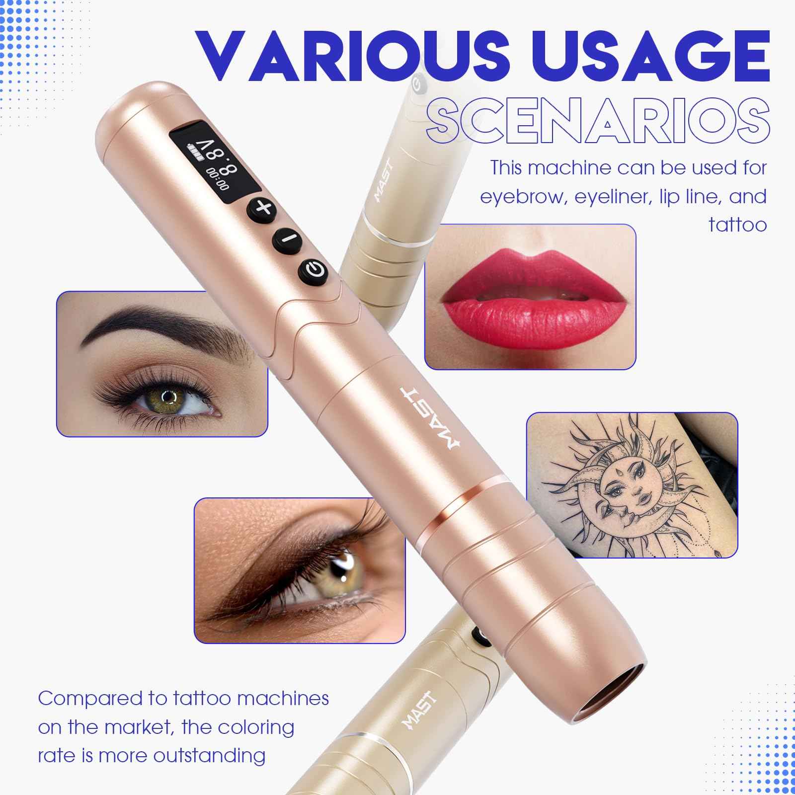 Mast Nano2 Tattoo Gun Cordless Tattoo Machine, 2 Batteries Power Supply, Super Light 66g, 1100mAh for 4 Hours (Champagne Gold)