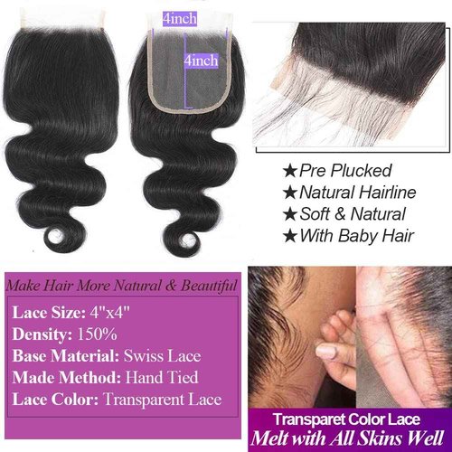 UDesire Human Hair Bundles with Closure 18 20 22+16 Inch Bundles with Closure 100% Brazilian Virgin Body Wave 3 Bundles Human Hair with 4x4 Lace Closure Natural Black