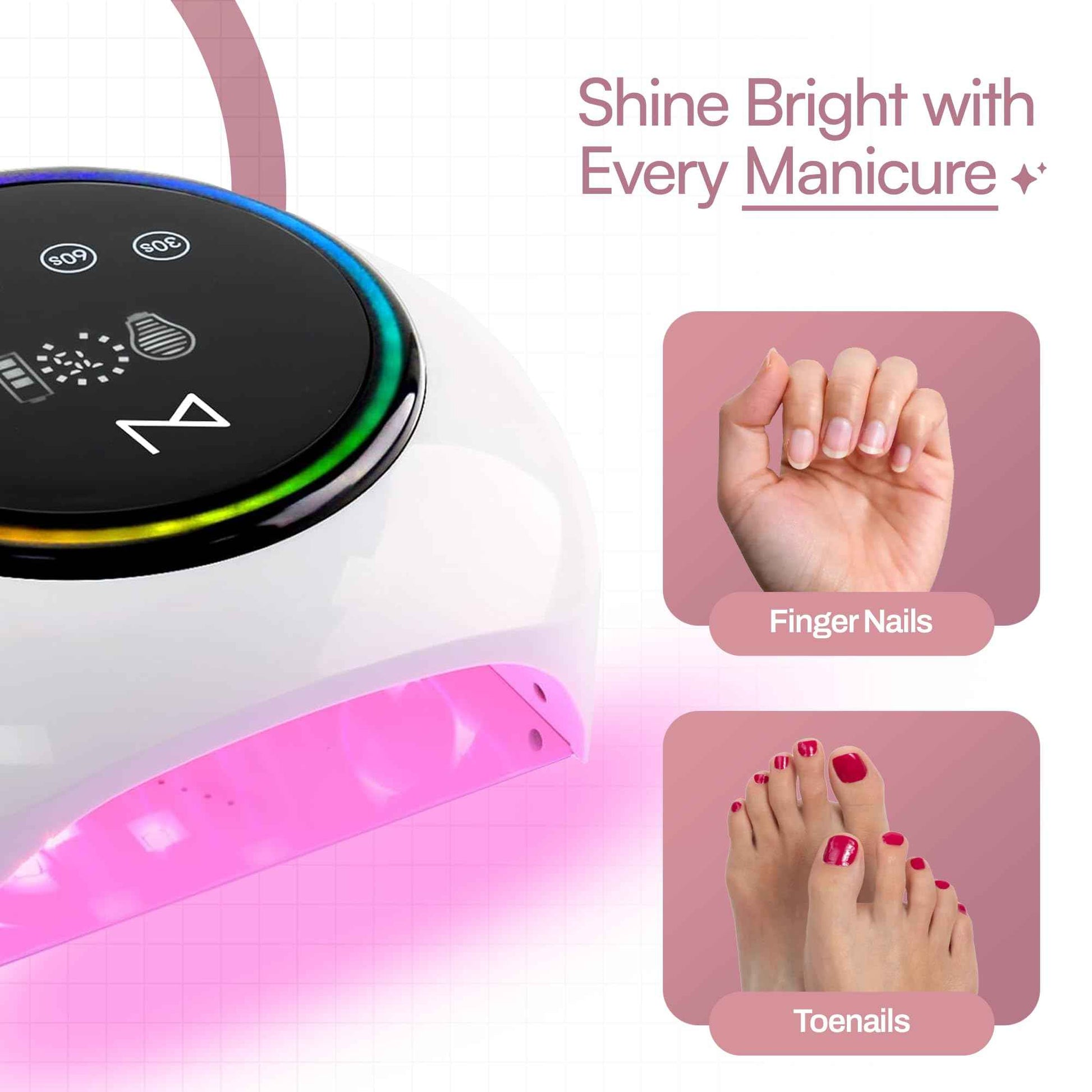 M - HaloLite LED Nail Curing Lamp 98W, 32 LEDs, Wireless Rechargeable with 5200mAh Battery, Fast UV/LED Gel Nail Dryer for Salon & Home Use, Long-Lasting, Portable, Cordless Design (Pink)