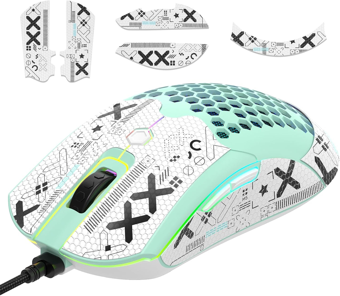 ZIYOU LANG M5 RGB Lightweight Wired Gaming Mouse with 12000 DPI 6 Programmed Buttons,65G Honeycomb Shell,Ultralight Ultraweave Cable,Pixart 3325 Optical Sensor Gamer Mice(Green)