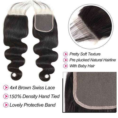 Body Wave Bundles with Closure 20 22 24+18 Inch 100% Brazilian Virgin Human Hair Bundles with Closure 12A Unprocessed Body Wave Weave 3 Bundles Human Hair with Closure 4x4 HD Lace