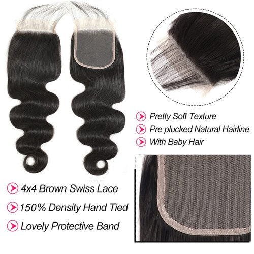 Body Wave Bundles with Closure 18 20 22+16 Inch 100% Brazilian Virgin Human Hair Bundles with Closure 12A Unprocessed Body Wave Weave 3 Bundles Human Hair with Closure 4x4 HD Lace