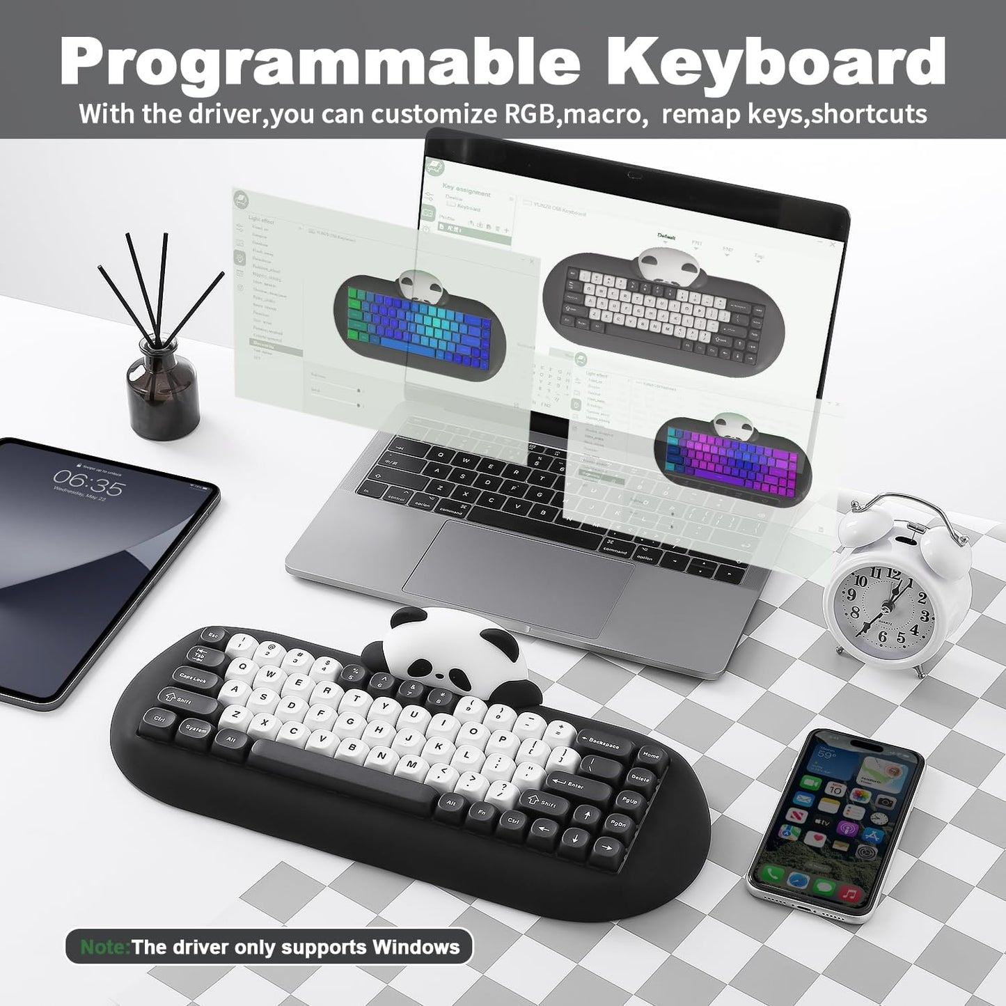 YUNZII C68 Panda Wireless Mechanical Gaming Keyboard, 68 Keys Cute Layout with PBT Keycaps,RGB Backlit, Hot Swappable,Creamy Switches,BT5.0/2.4G/Wired for Win/Mac(Black,Panda Switch)
