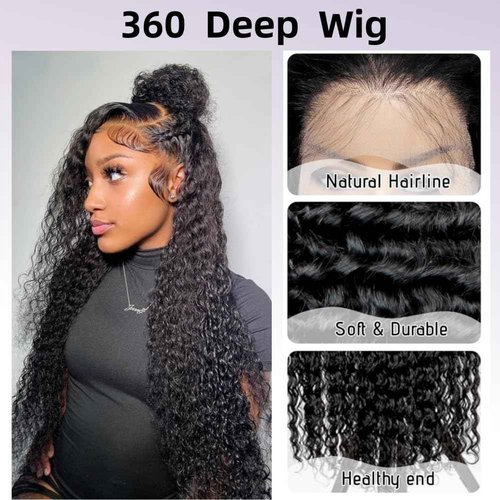 zomeme Deep Wave 360 Full Lace Wig Human Hair 360 Lace Front Wigs Human Hair Pre Plucked 360 Wet and Wavy Human Hair Ponytail Wig 360 HD Lace Frontal Curly Wig Natural Color 24 inch