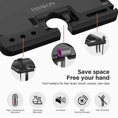 TASALON Ultimate Salon Tray on Wheels,Tray Cart with 2 Magnetic Bowls Irony Tattoo Table Station Rolling Tray with Hair Stickless Wheels,Chemical-Resistant Hair Stylist Instrument Tray,Tray for Dyson