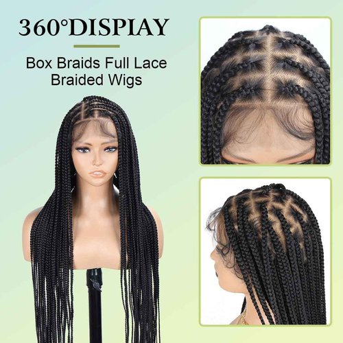 Vecago 36 inch Single Full Lace Braided Wigs for Black Women, 360 HD Lace Knotless Box Braid Wigs with Baby Hair Black Synthetic Braid Wig