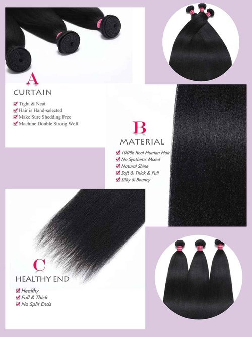 YIROO Yaki Straight Human Hair Weave 3 Bundles 12A Kinky Straight Double Wefts for Women Unprocessed Real Virgin Hair Sew In Human Hair Extensions Cllip In Light Yaki Natural Black Color 10 12 14Inch