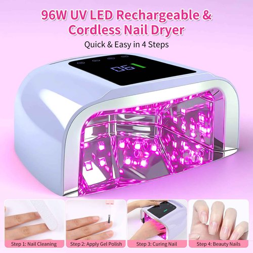 ANGNYA 96 W Rechargeable U V Lights for Nails, LED Nail Lamp with 42 Beads Nail Dryer Portable Nail Lamp Gel U V Led Nail Lamp with 4 Timer Setting Sensor and LCD Display