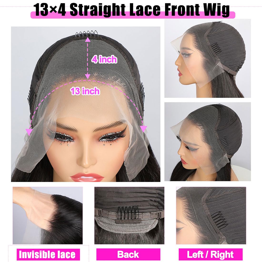 16 Inch Straight Human Hair Wigs 13×4 Straight Lace Front Wigs 220 Density Double Drawn Blunt Cut Long Bob Wig for Black Women Pre Plucked Bleached Knot Brazilian Hair HD Transparent Lace Frontal Wig