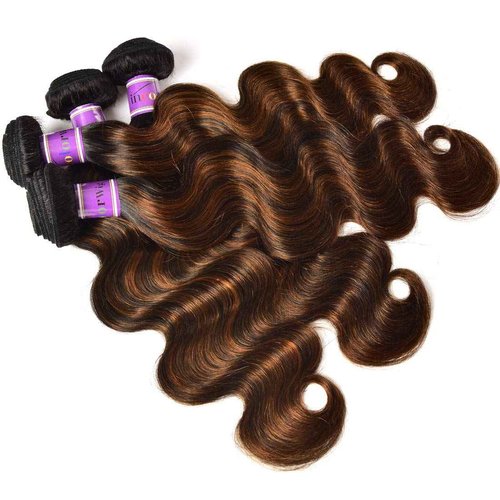 UNice Brown Highlight Body Wave Human Hair Weave 3 Bundles 10 12 14 inch, Brazilian Remy Hair Ombre Blonde Human Hair Wavy Weaves Sew in Piano Color TFB30