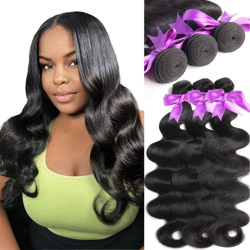 18 20 22 Inch Real Human Hair Bundles Body Wave 3 Bundles Unprocessed Natural Black Remy Body Wave Brazilian Virgin Cambodian Hair Wavy, 1b, No Tangle No Shedding, True to Length