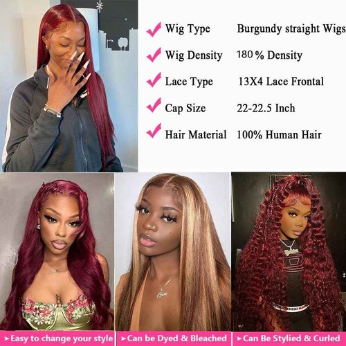 Katonyo 28 Inch 99J Burgundy Lace Front Wigs Human Hair 13x4 Straight Lace Front Wigs Human Pre Plucked Burgundy Wig Human Hair Wine Red Wigs for Women 180% Density Straight Colored Wigs