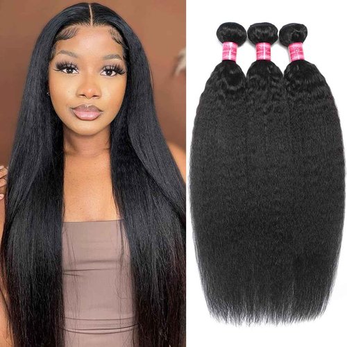 Brazilian Kinky Straight Bundles Human Hair(18 20 22 Inch)12A 100% Unprocessed Brazilian Virgin Human Hair Yaki Straight 3 Bundles Quick Weave for Black Women Natural Color