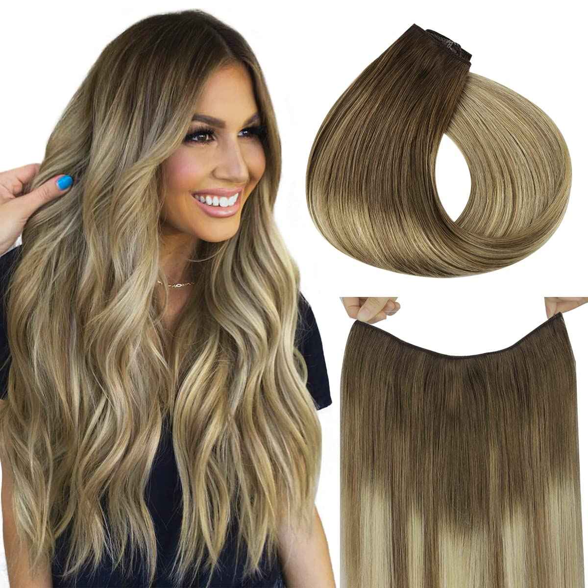 HOTBANANA Walnut Brown to Ash Brown and Bleach Blonde Fish Line Real Human Hair Straight Invisible Wire Remy Hair Extensions, 18 inch 95g