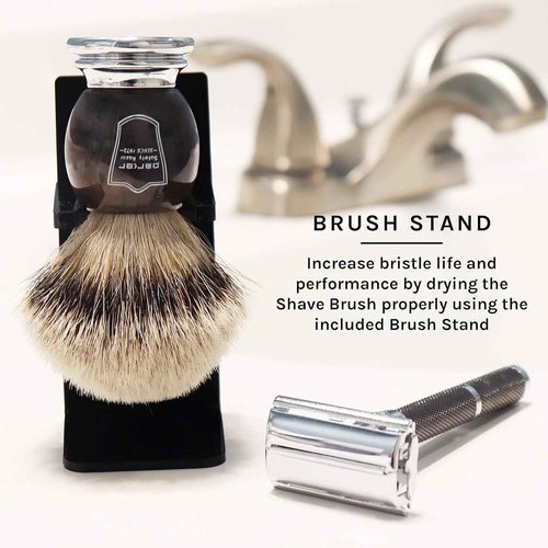 Parker 100% Silvertip Badger Shaving Brush – Faux Horn Handle, Long Loft 22 mm Knot, Chrome Base + Resin Stand – Rich Lather, Sensitive Skin Friendly