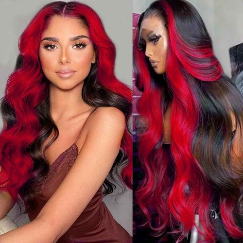 GAIWAC Red Burgundy Colored Wig Human Hair Ombre Skunk Strip 13x6 99J Burgundy Lace Front Wigs Human Hair Ombre 200 Density Body Wave Pre Plucked 13x6 HD Lace Frontal Colored Wigs For Women 22 Inch