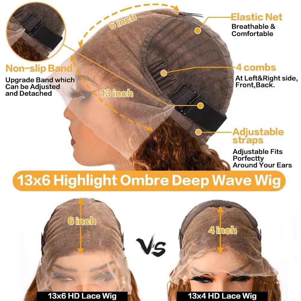 Highlight Ombre Lace Front Wigs Human Hair Honey Blonde Deep Wave 13x6 HD Transparent Lace Frontal Wigs Human Hair P4/27 Colored Curly Wig for Women 180% Density Glueless Pre Plucked 24 Inch Wig