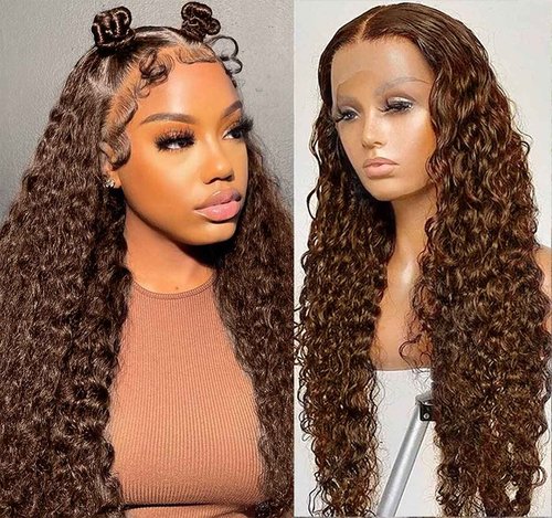 Chocolate Brown Deep Wave Lace Front Wigs Human Hair 13x4 HD Transparent Lace Frontal Wigs Human Hair Pre Plucked with Baby Hair Brazilian Virgin Wet and Wavy Wigs for Women 180% Density (24 Inch)
