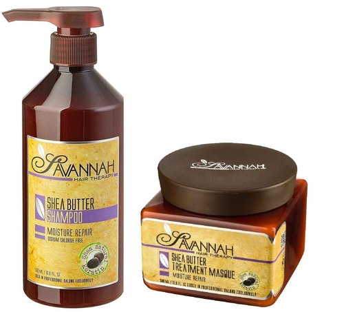 Savannah Hair Therapy Bundle-Treatment Mask 16.9 Oz+Shampoo 16.9 Oz, Shea Butter Treatment, Natural Keratin for Normal, Dry, Curly, Dyed and Damaged Hair, Vitamin B6, Sodium Chloride and Sulfate Free